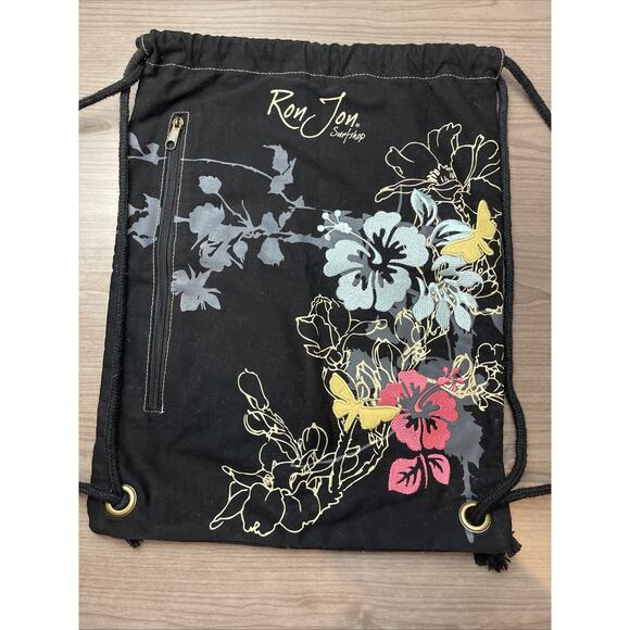 Ron Jon Surf Shop Black Canvas Drawstring Bag 13X16.5” Retro Design - Picture 1 of 10